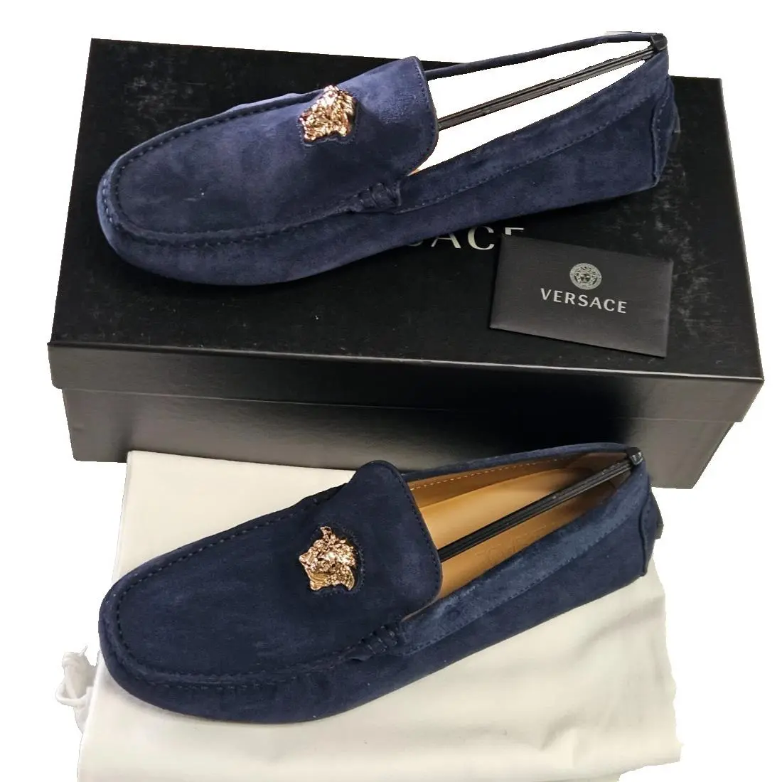 Mens Versace Medusa Logo Suede Drivers Loafers Sapphire Blue 42 US 9