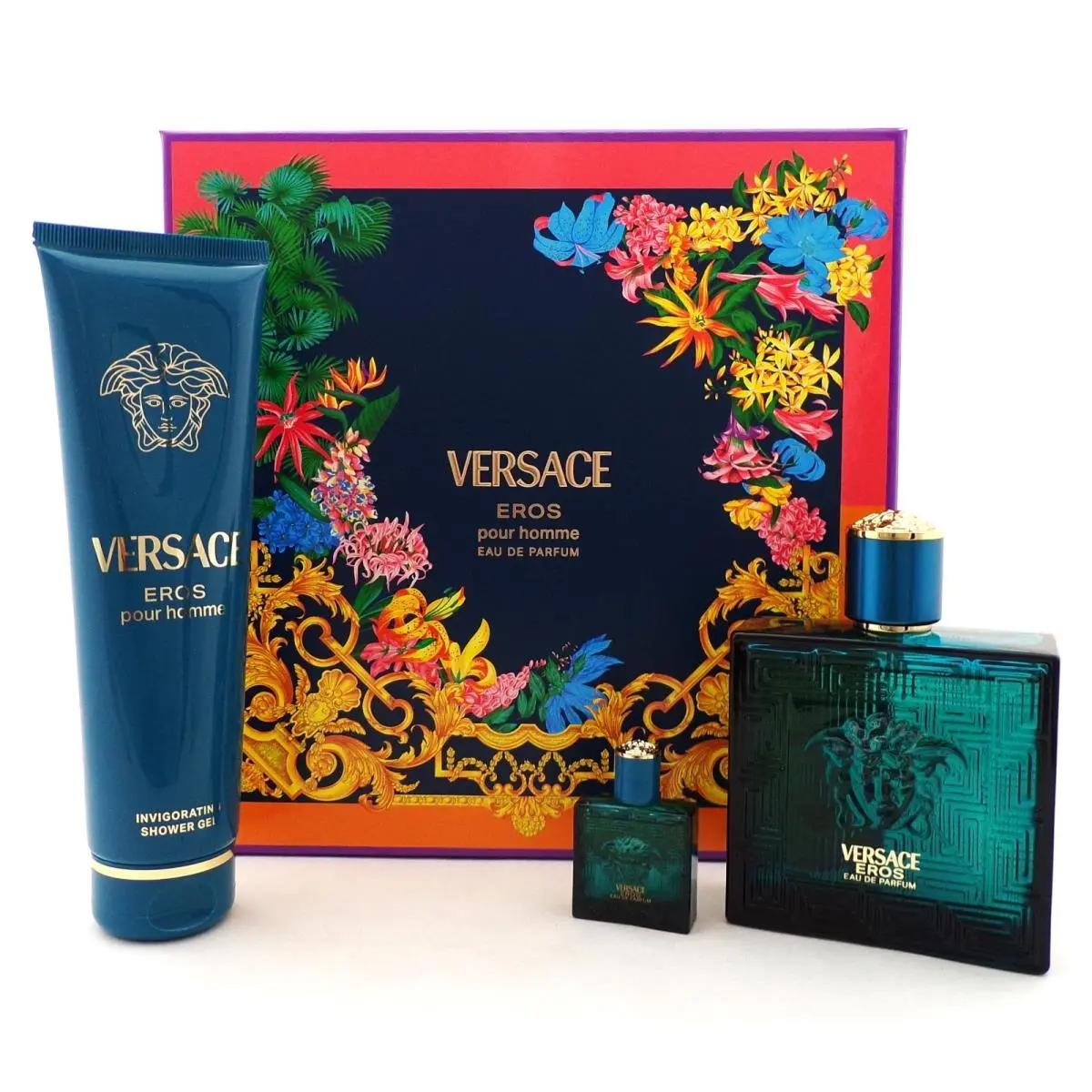 Versace Eros Pour Homme 3 Pcs Set 3.4 oz Edp Spray + 0.17 oz Edp Mini + 5.0 S/g