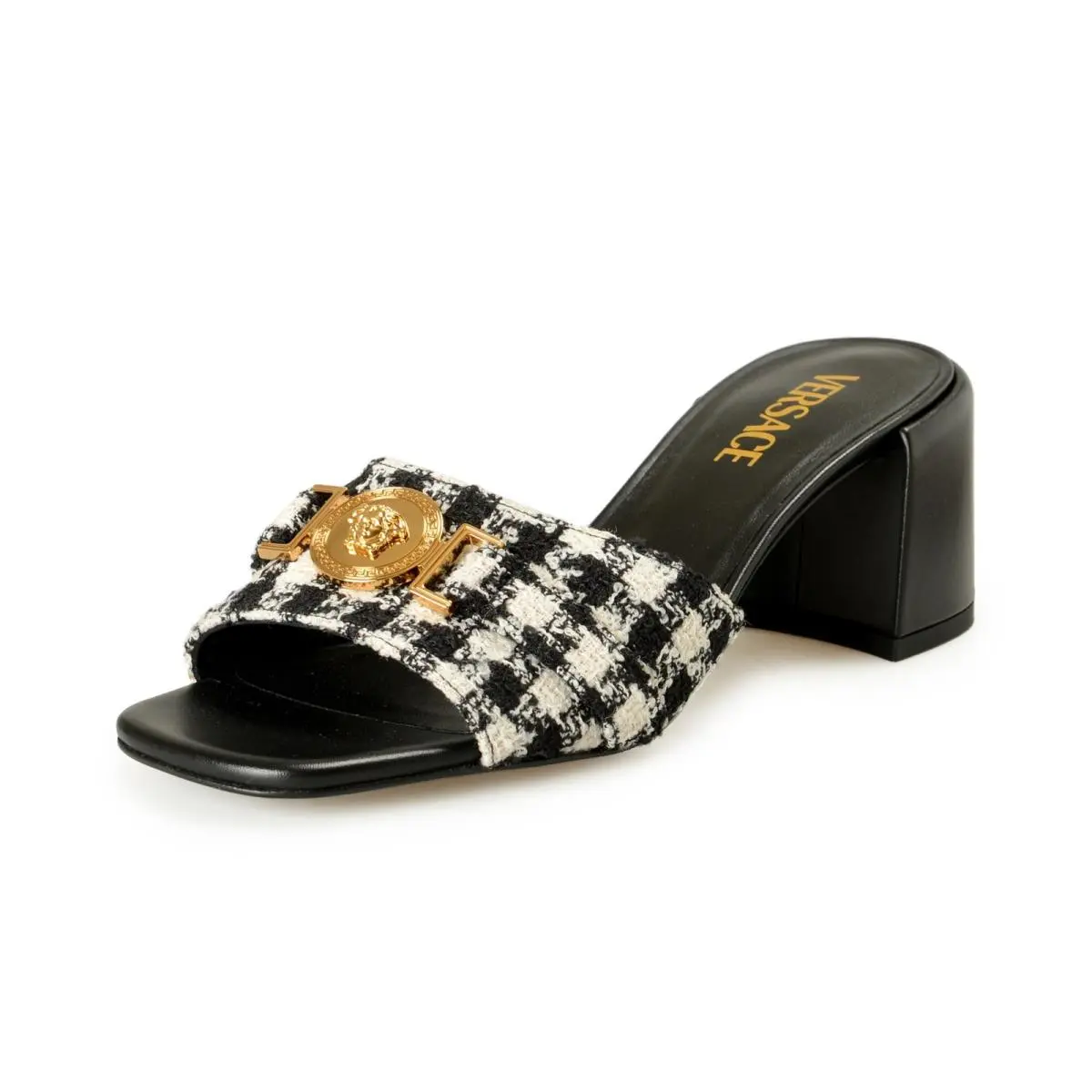 Versace Women`s Check Gold Medusa Heeled Sandals Mules Shoes US 7 IT 37