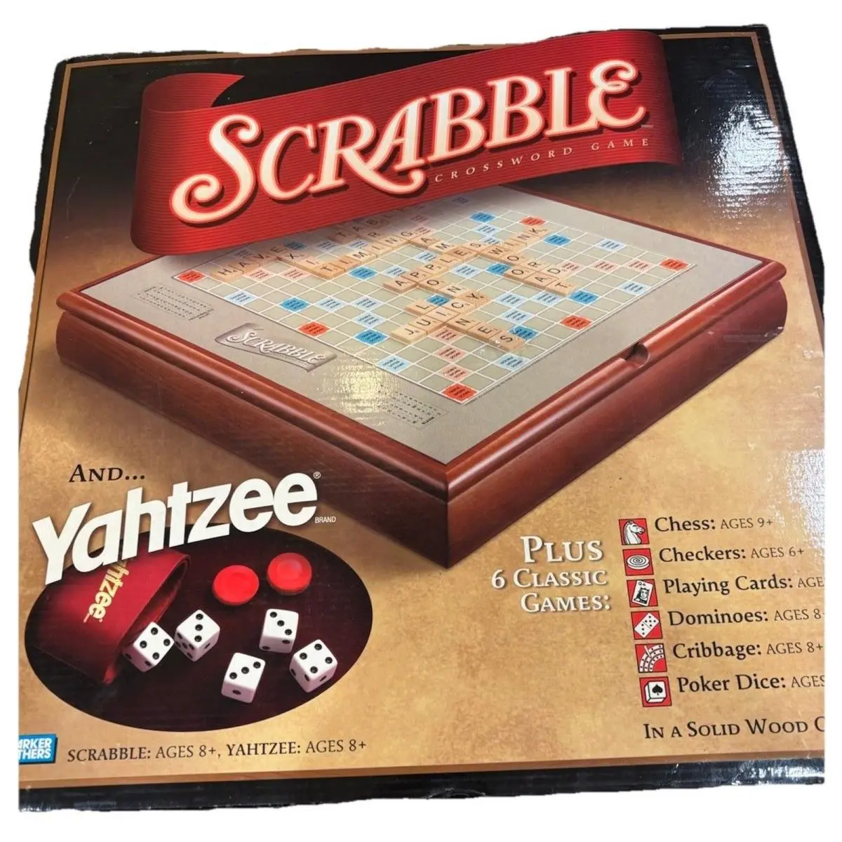 Parker Brothers Hasbro Scrabble Yahtzee Plus 6 Classic Games Solid Wood Cabinet