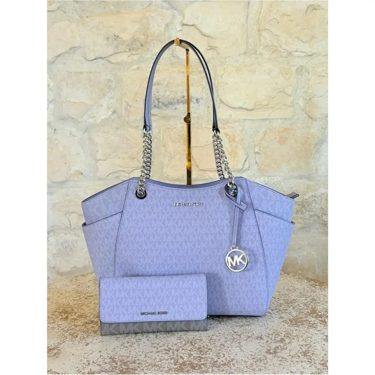Large Chain MK Signature Shoulder Tote Bag Handbag/wallet Lilac 2 Pcs set by Michael Kors