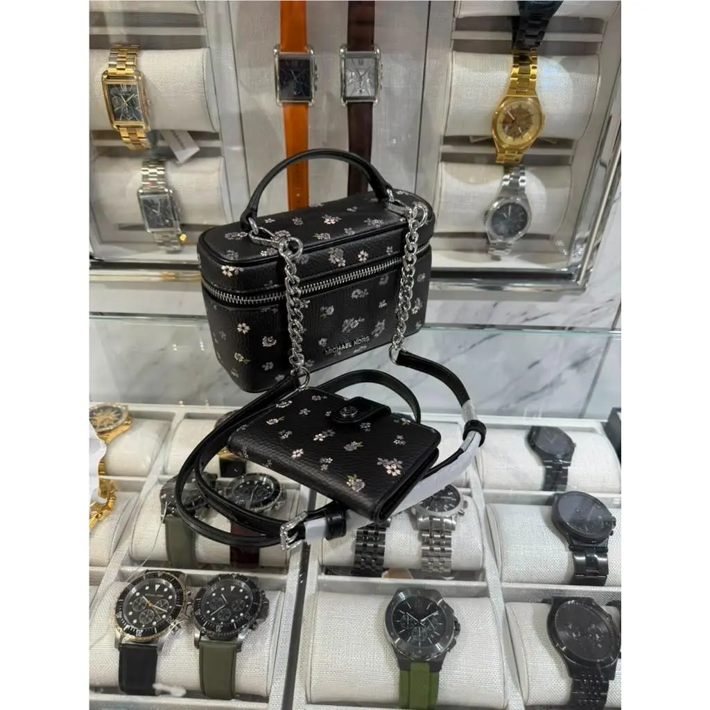 Michael Kors Vivi Small Floral Vanity Crossbody Bag + Bifold Wallet Cream/black