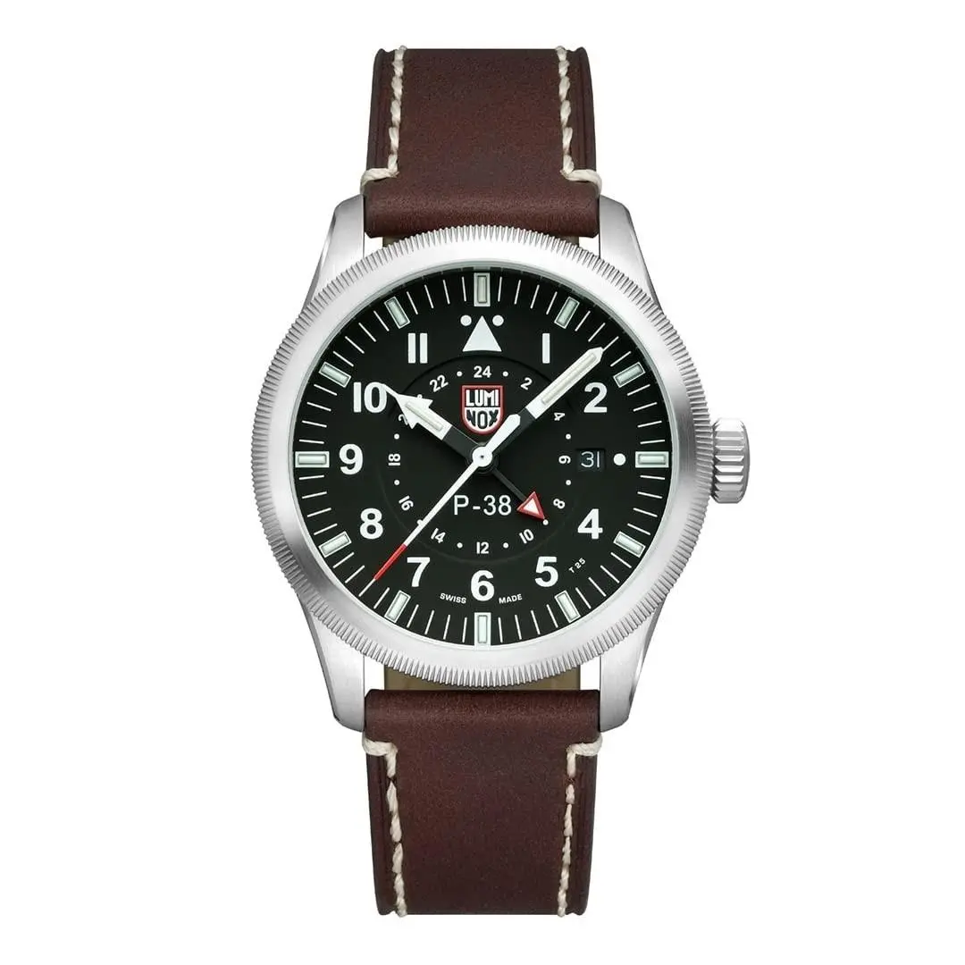 Luminox XA.9521 Mens P-38 Lightning Air Pilot 42mm Gmt Leather Watch Black Dial