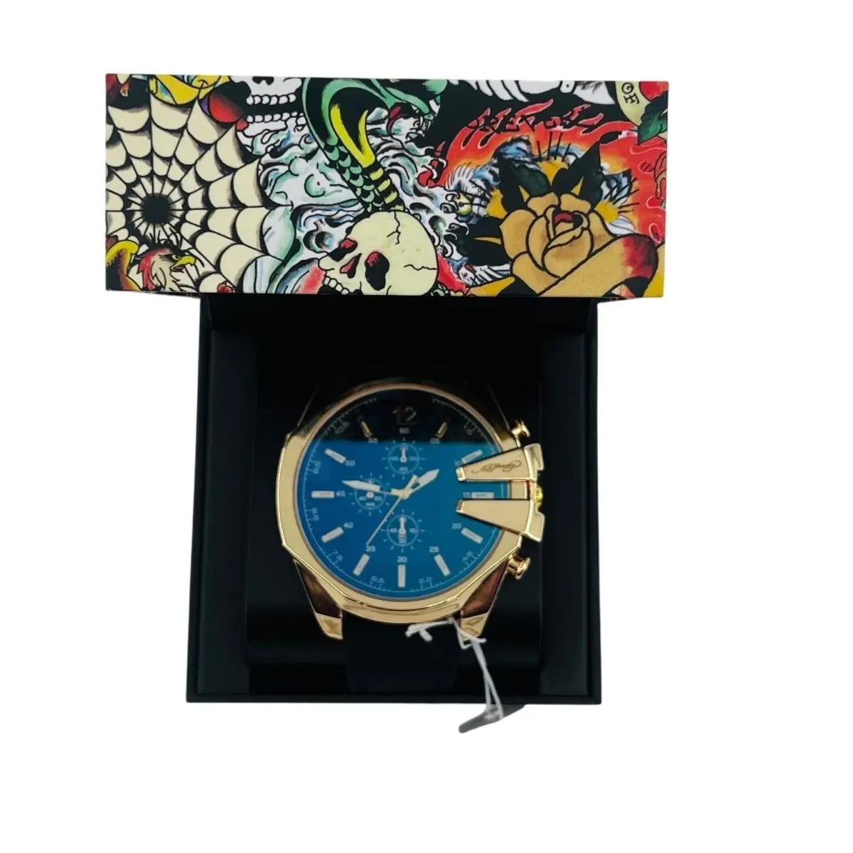 Ed Hardy Chronograph Watch Gold Tone Black Strap Tattoo Art Box Y2K Urban Edgy