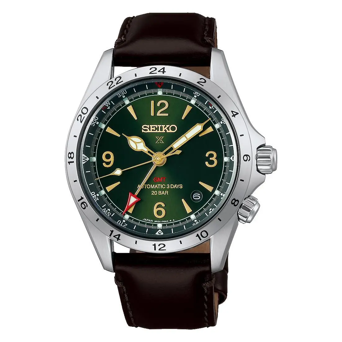 Seiko Prospex Alpinist Gmt 39.5mm Green Dial Leather Band Watch HBC007