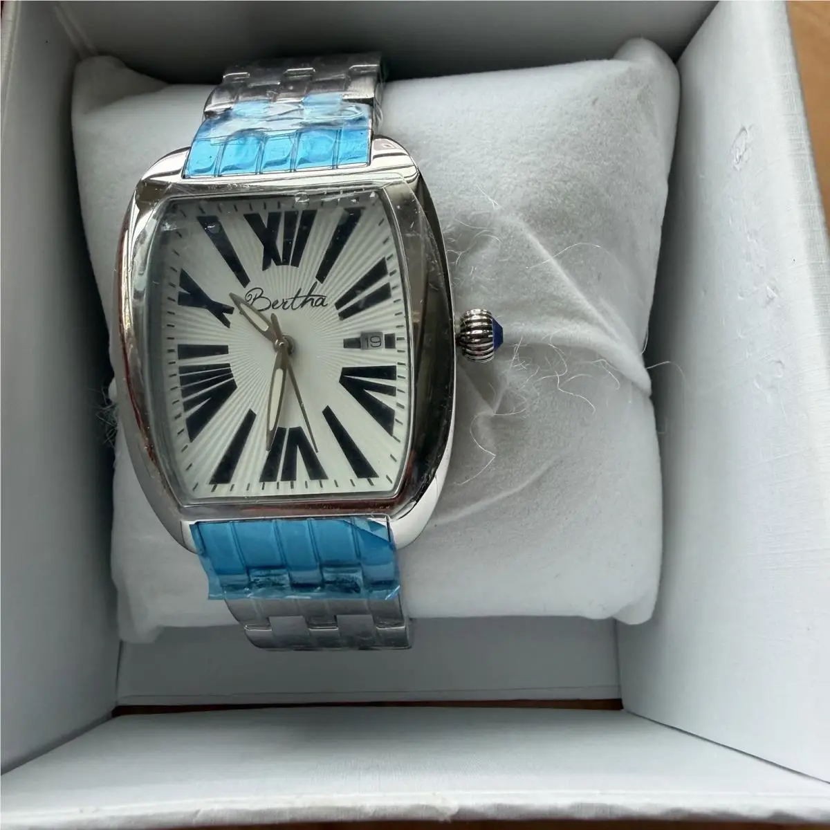 Bertha BR1301 Women`s Silver Tone Tonneau Watch White Dial Roman Numerals