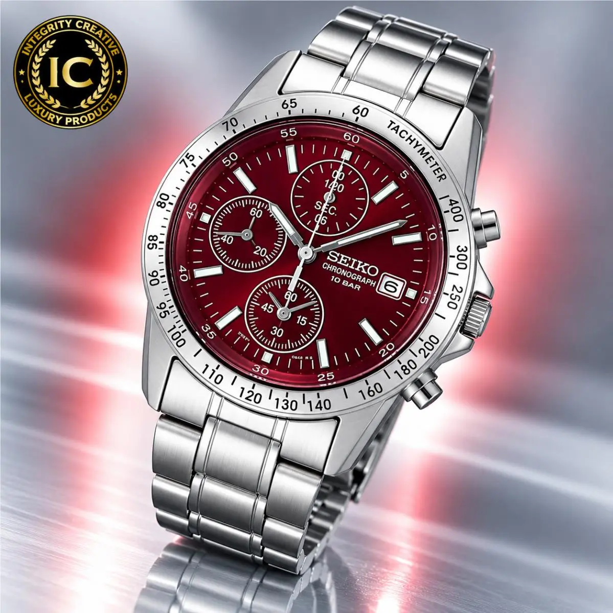 Men`s Seiko 39mm Quartz Tachymeter Chronograph Watch Silver Red Dial Wristwatch