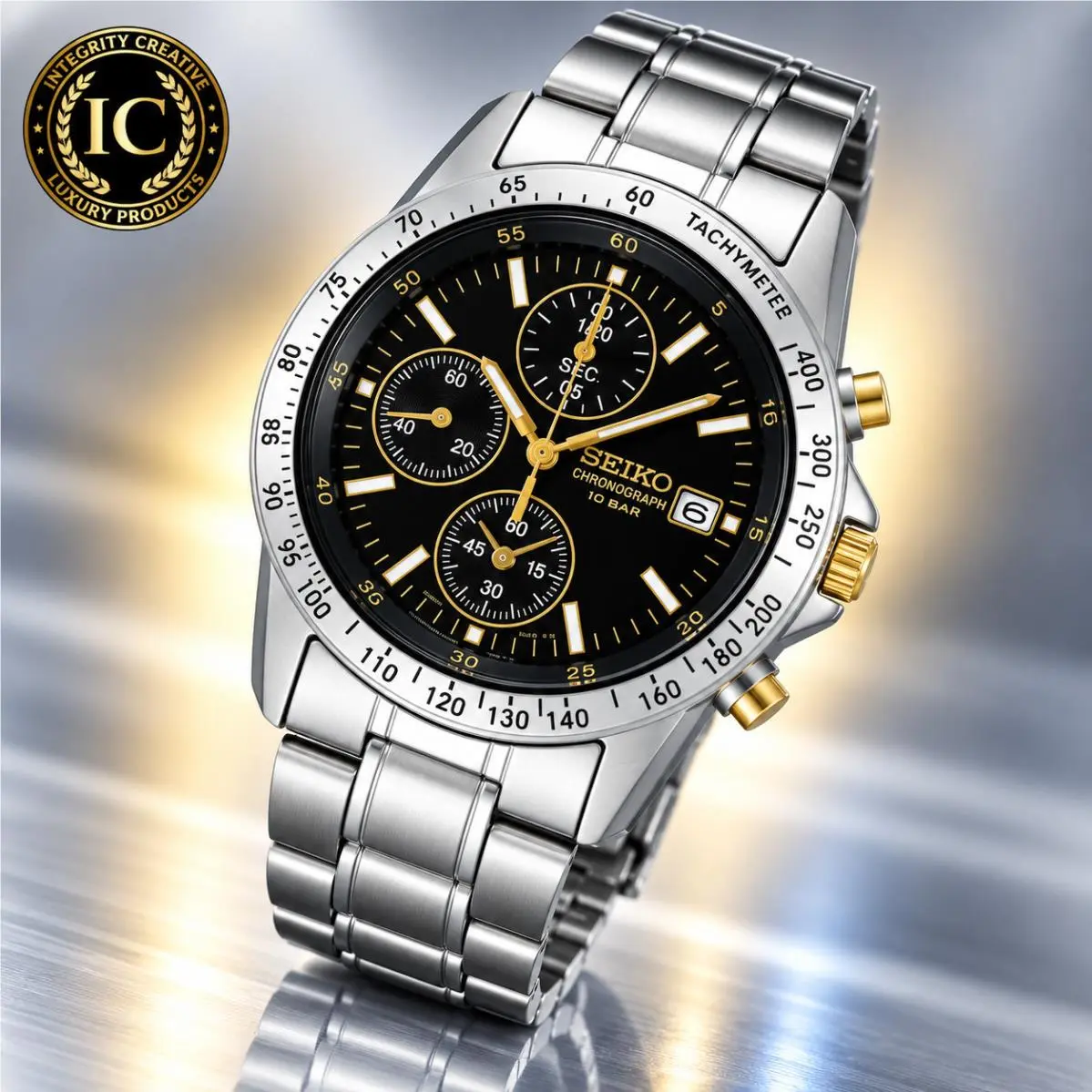 Seiko Men`s 39mm Silver Aviator Quartz Tachymeter Analog Watch Black Dial Wristwatch