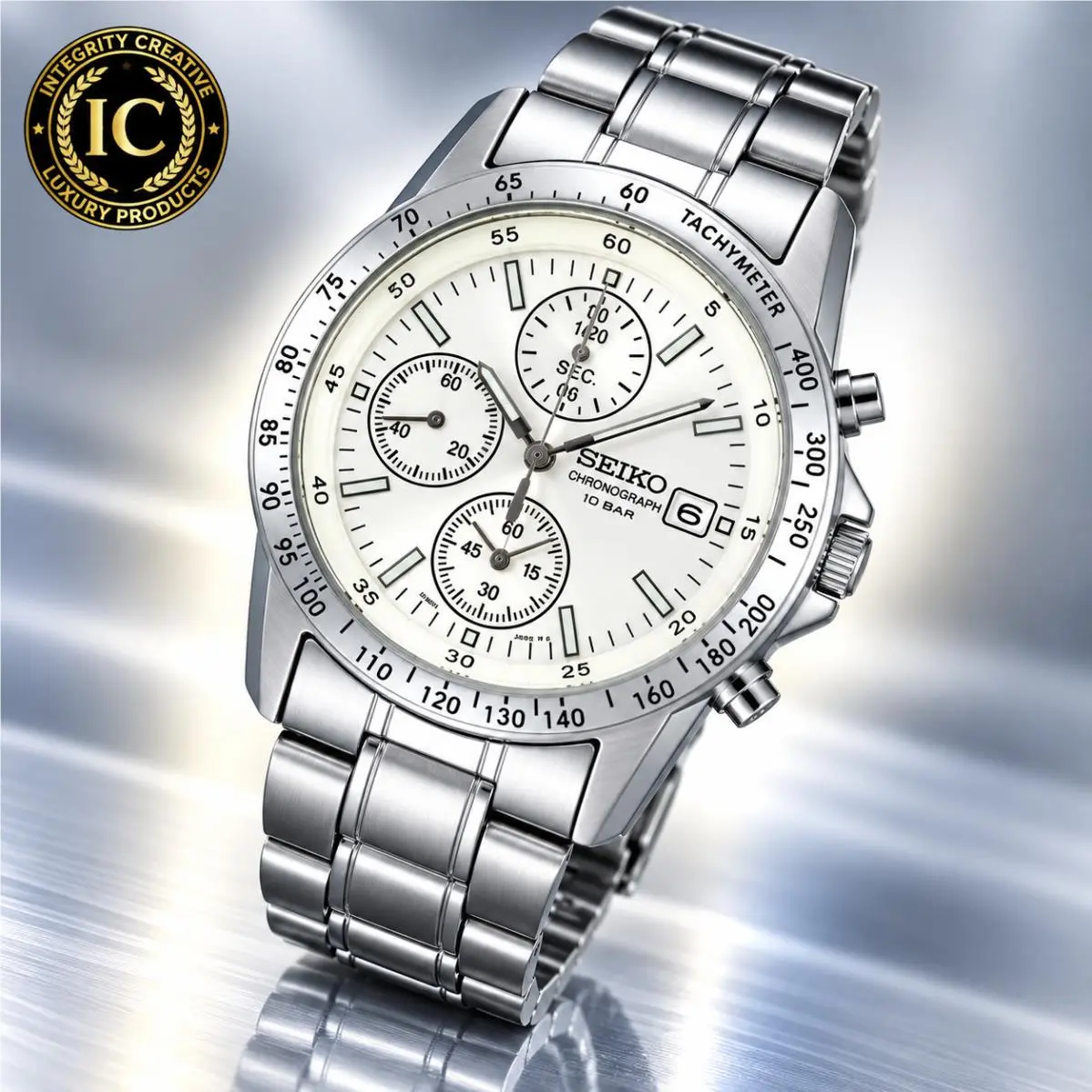 Seiko Men`s Silver 39MM Aviator Tachymeter Quartz Analog Watch White Dial Wristwatch