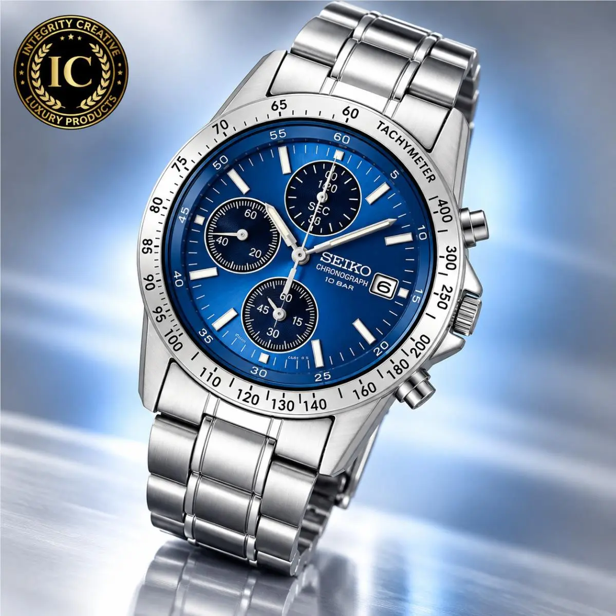 Men`s Seiko 39mm Quartz Tachymeter Chronograph Watch Silver Blue Dial Wristwatch