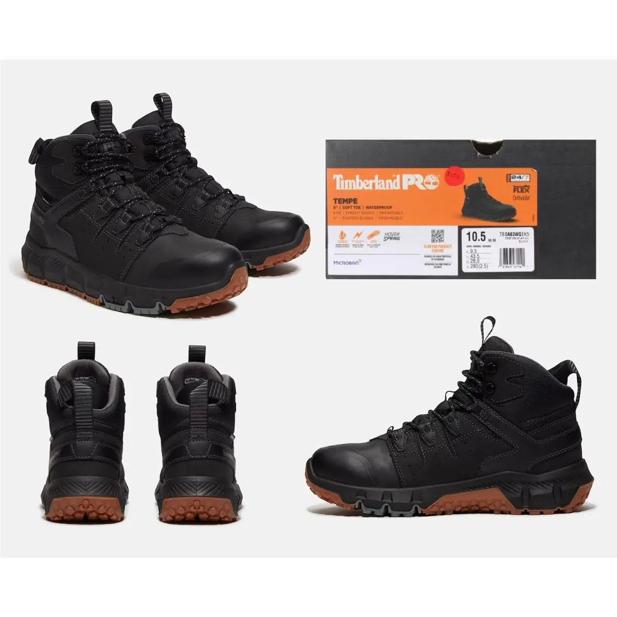 Timberland Pro® Men`s Tempe 6 Soft Toe Black Waterproof Work Boot Size 10.5
