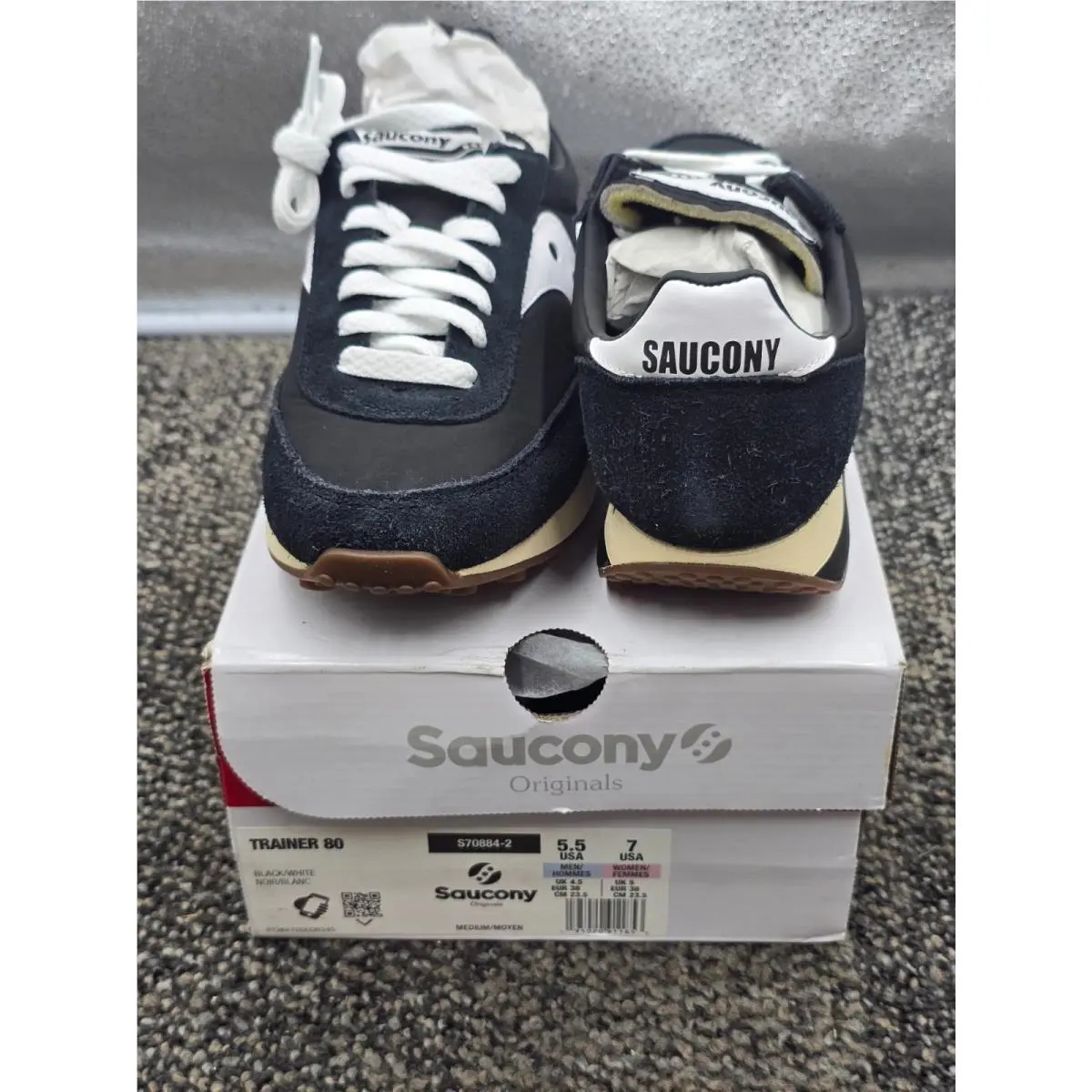 Saucony Trainer 80 S70884-2 Men`s Suede Sneakers Black White Size US 5.5