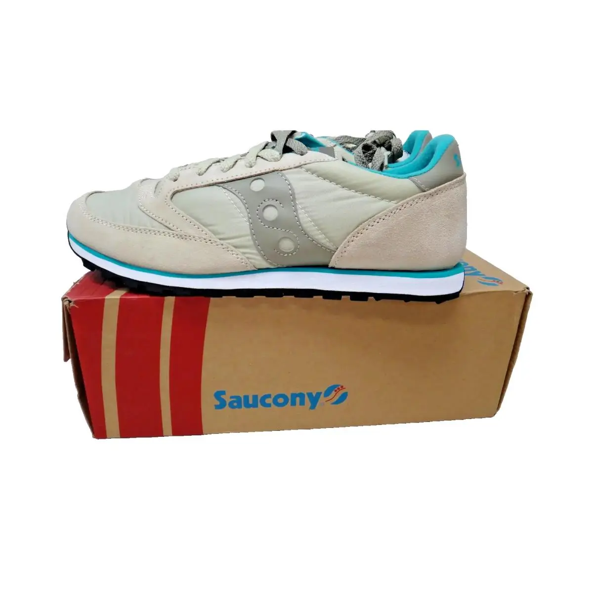 Saucony Jazz Lowpro Men`s Size 11 Beige Blue Leather Athletic Sneakers