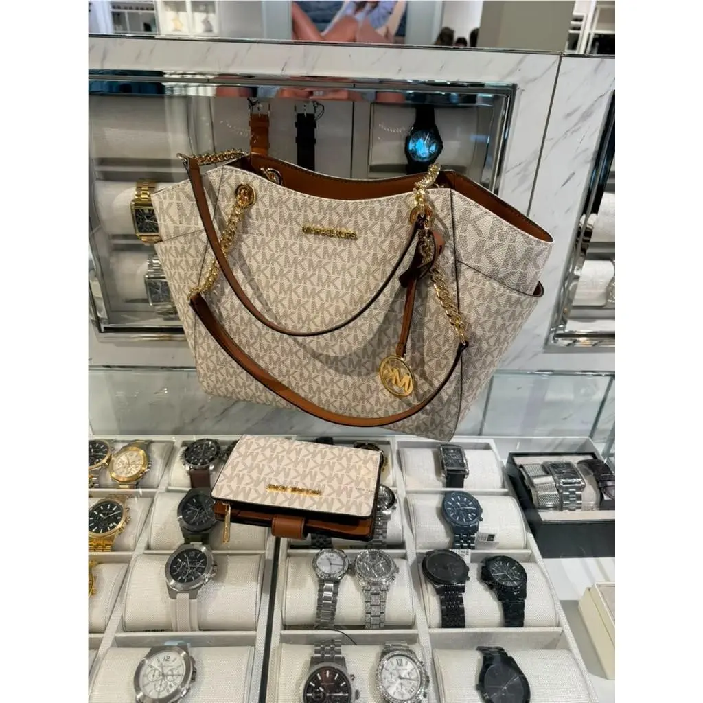 Michael Kors Women Chain Mk Signature Logo Tote Bag + Bifold Zip Wallet Vanilla