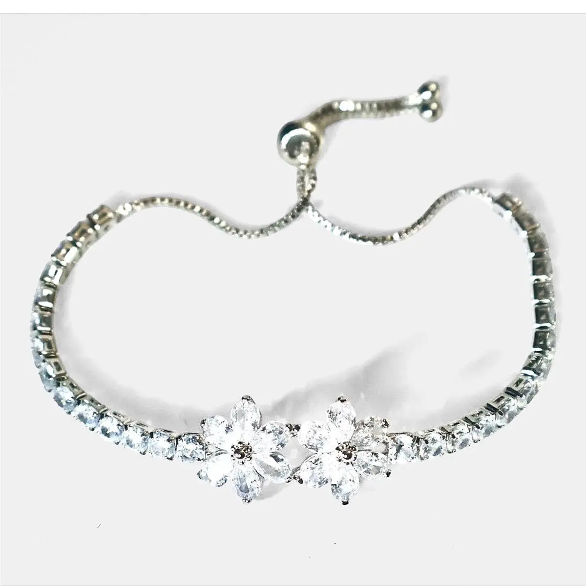 Swarovski Crystal Silver Plated Floral Tennis Slider Adjustable Bracelet