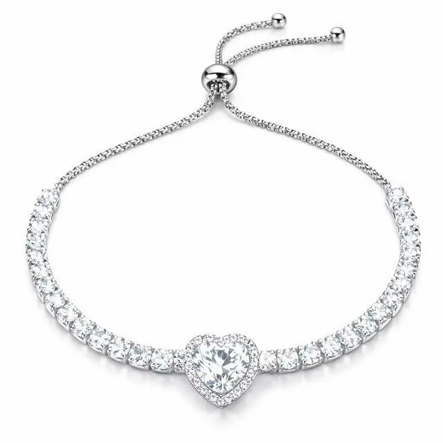 Swarovski Crystal Heart Tennis Bracelet Adjustable Bolo Silver Tone Sparkle