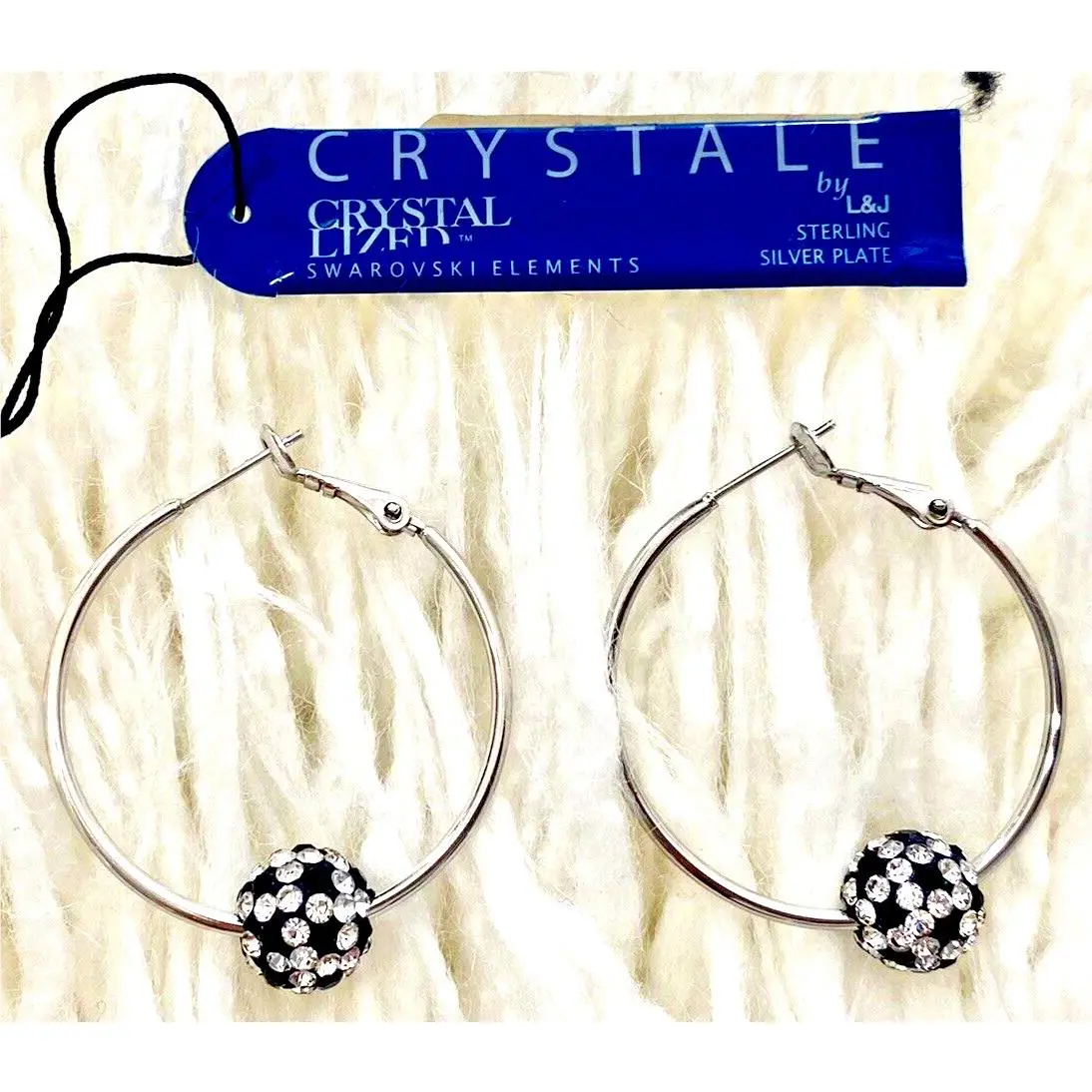 Sterling Silver Plated Loop Crystal Swarovski Earrings Black