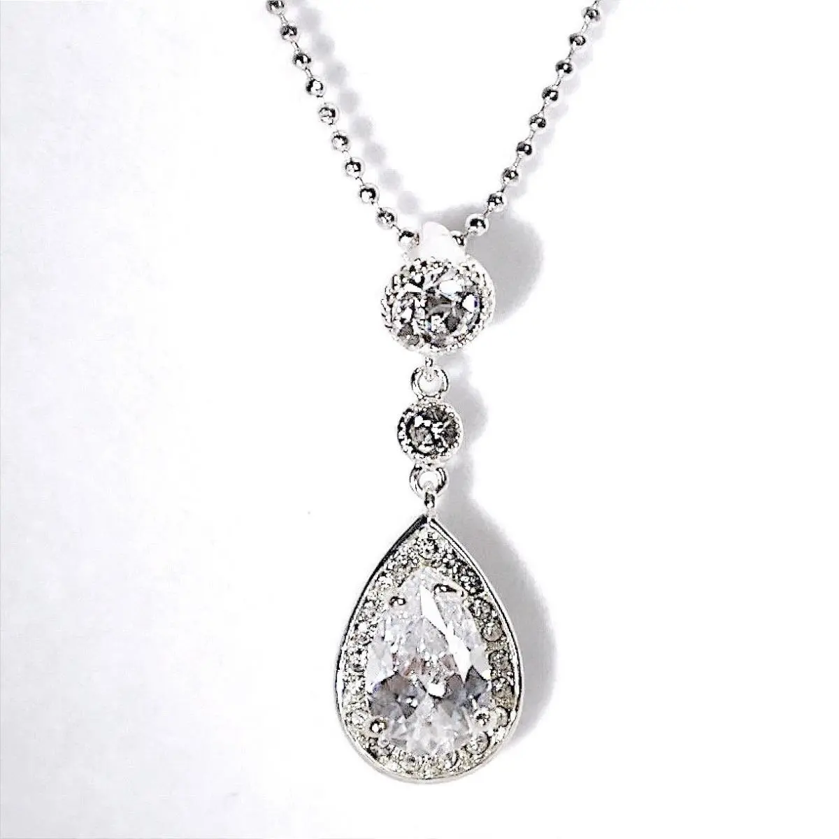 Swarovski Crystal Teardrop Pendant Necklace Silver Plated Halo Ball Cha