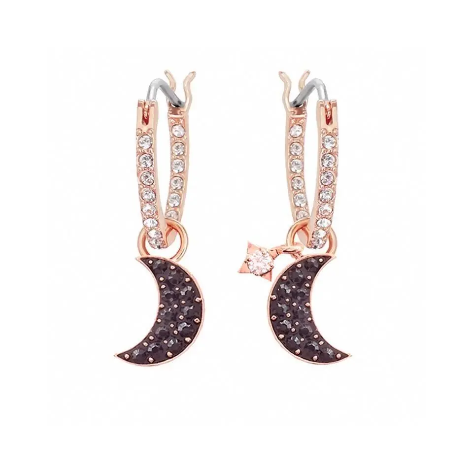 Swarovski Crescent Moon Star Crystal Drop Earrings Rose Gold Tone