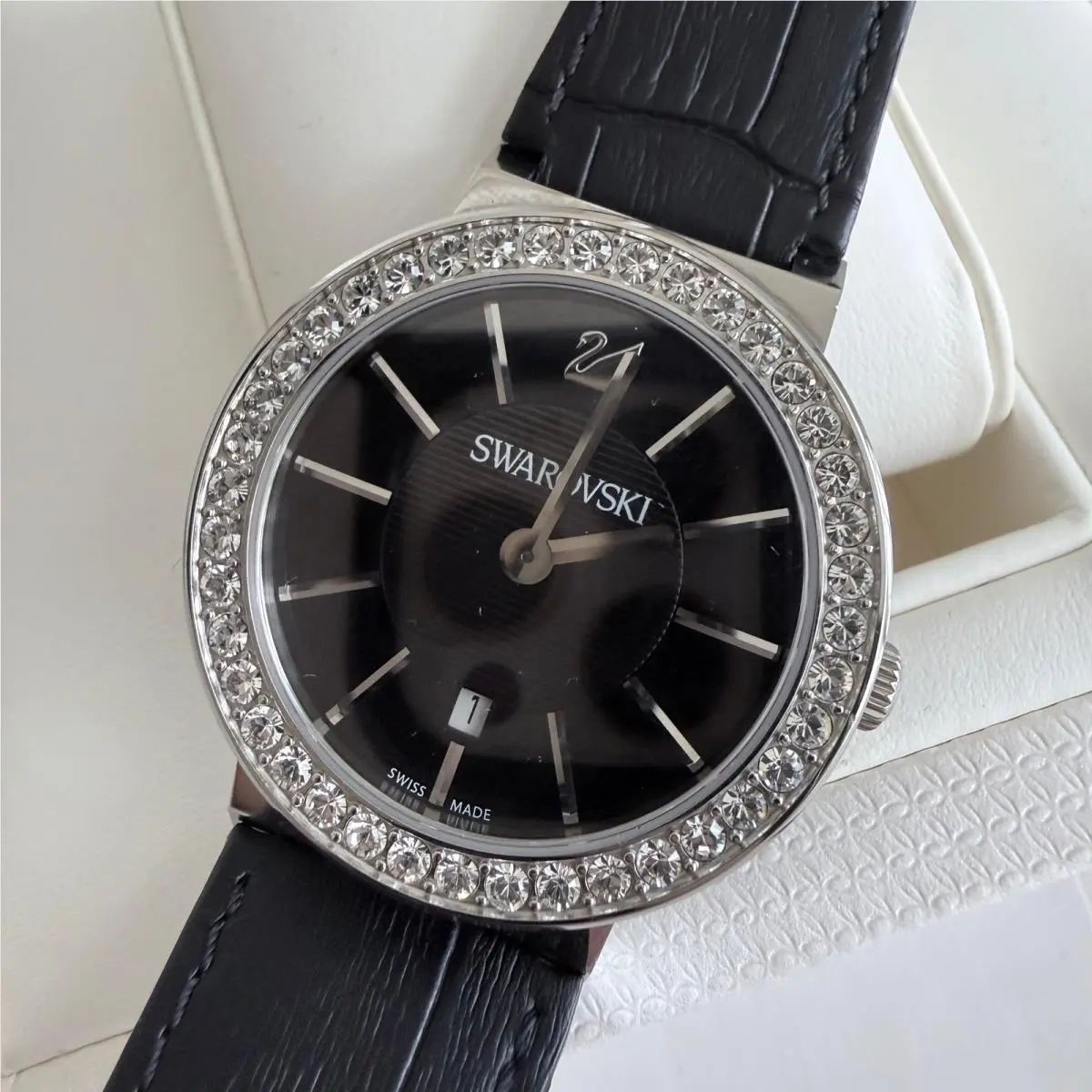 Swarovski Octea Lux Swiss Made Black Leather Crystal Bezel Watch 5414410 39mm