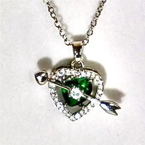 Swarovski Crystal Heart Arrow Necklace Silver Plated Green Stone Cupid