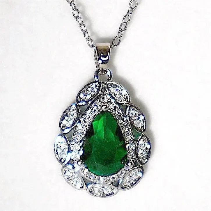 Swarovski Crystal Emerald Green Pear Teardrop Silver Plated Necklace