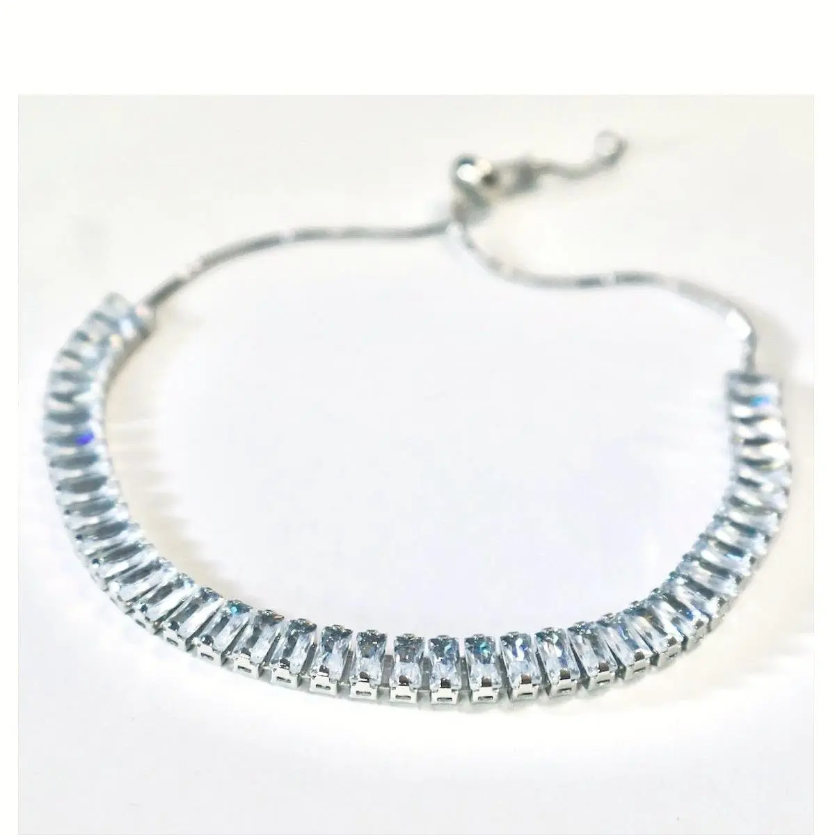 Swarovski Crystal Baguette Tennis Bracelet Silver Plated Adjustable Bolo