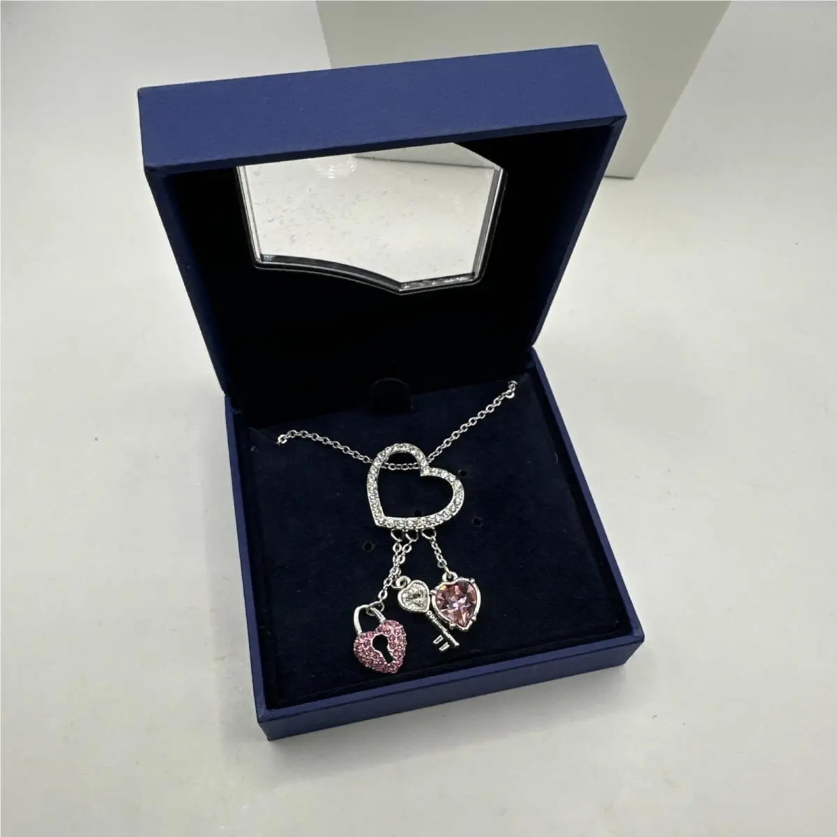 Swarovski Pink Heart Key Pendant Necklace Silver Rhodium /w Box