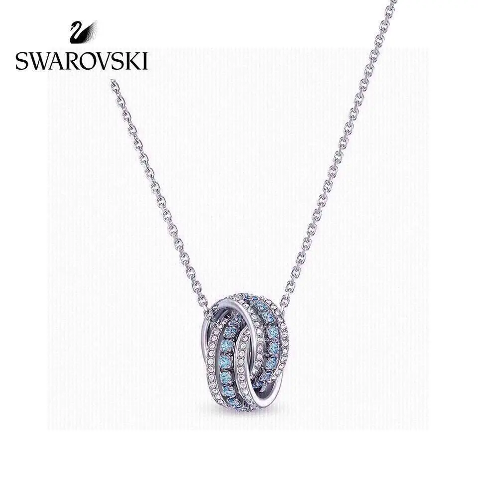 Swarovski Further Double Ring Crystal Pendant Necklace Silver Tone