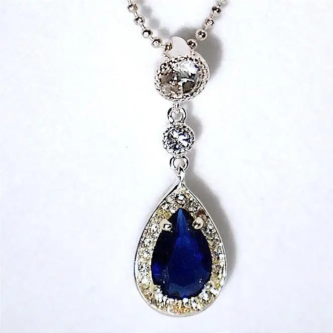 Swarovski Crystal Blue Pear Pendant Necklace Silver Plated 2in Extender