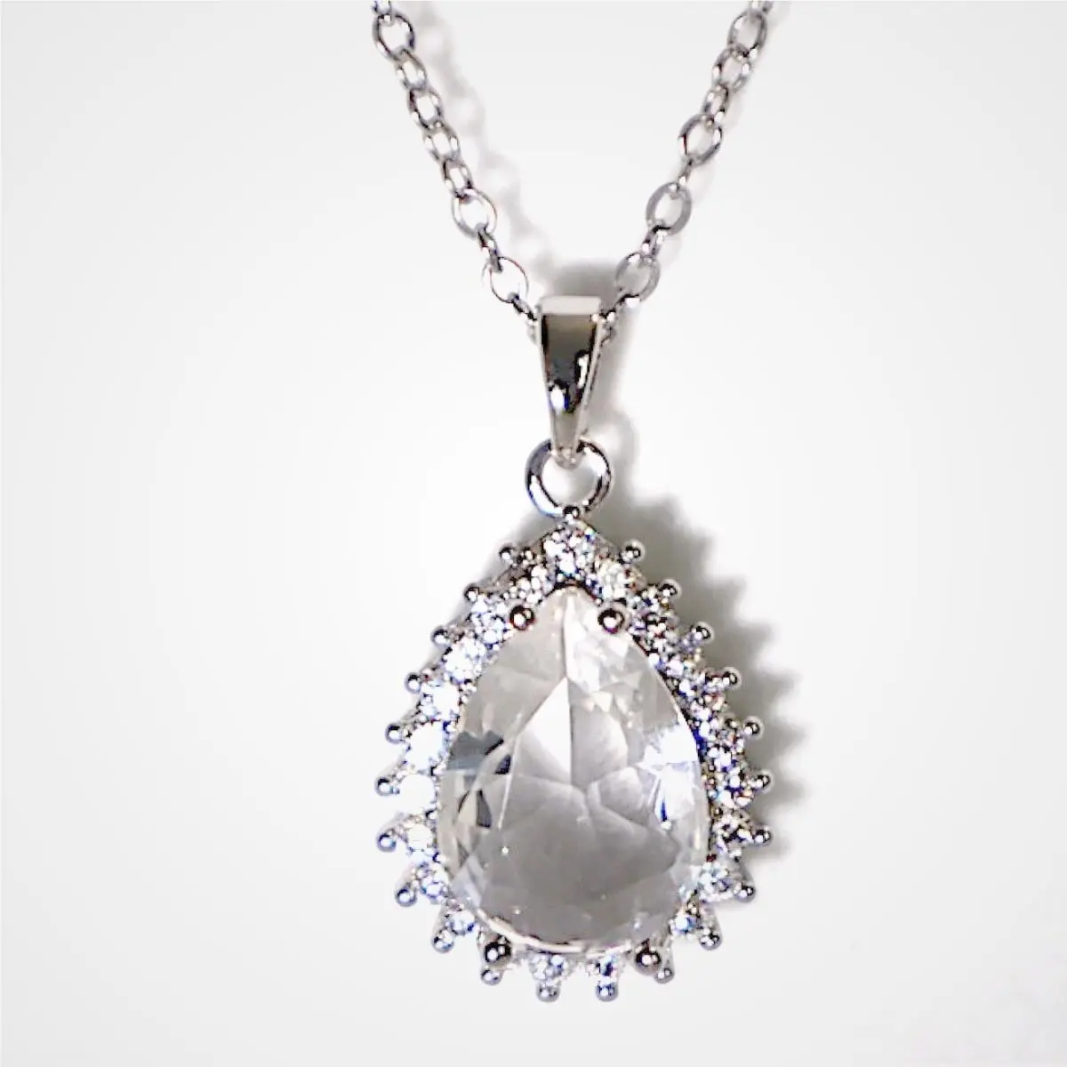 Swarovski Crystal Silver Plated Pear Teardrop Halo Pendant Necklace Bridal