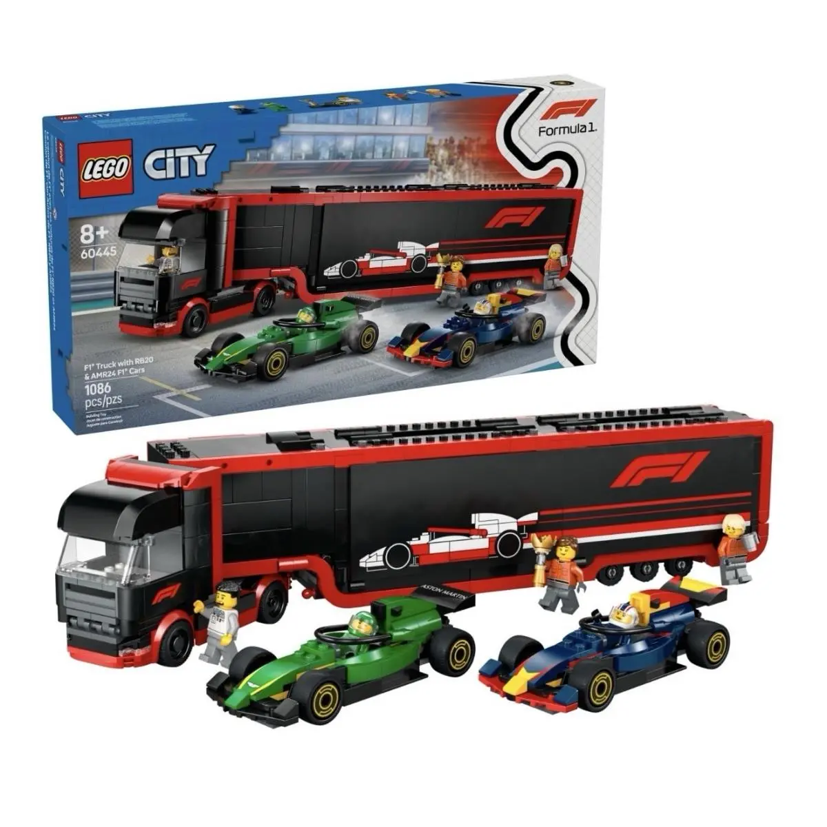 Lego City 60445 F1 Truck with RB20 AMR24 F1 Cars Building Toy Set