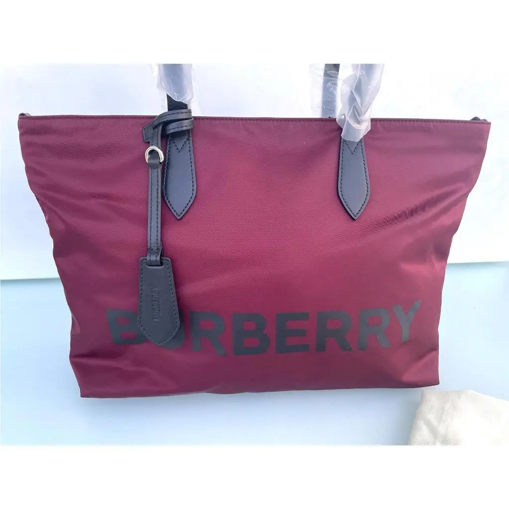 Nylon and Leather Tote Bag Dark Red Made in Italy by Burberry