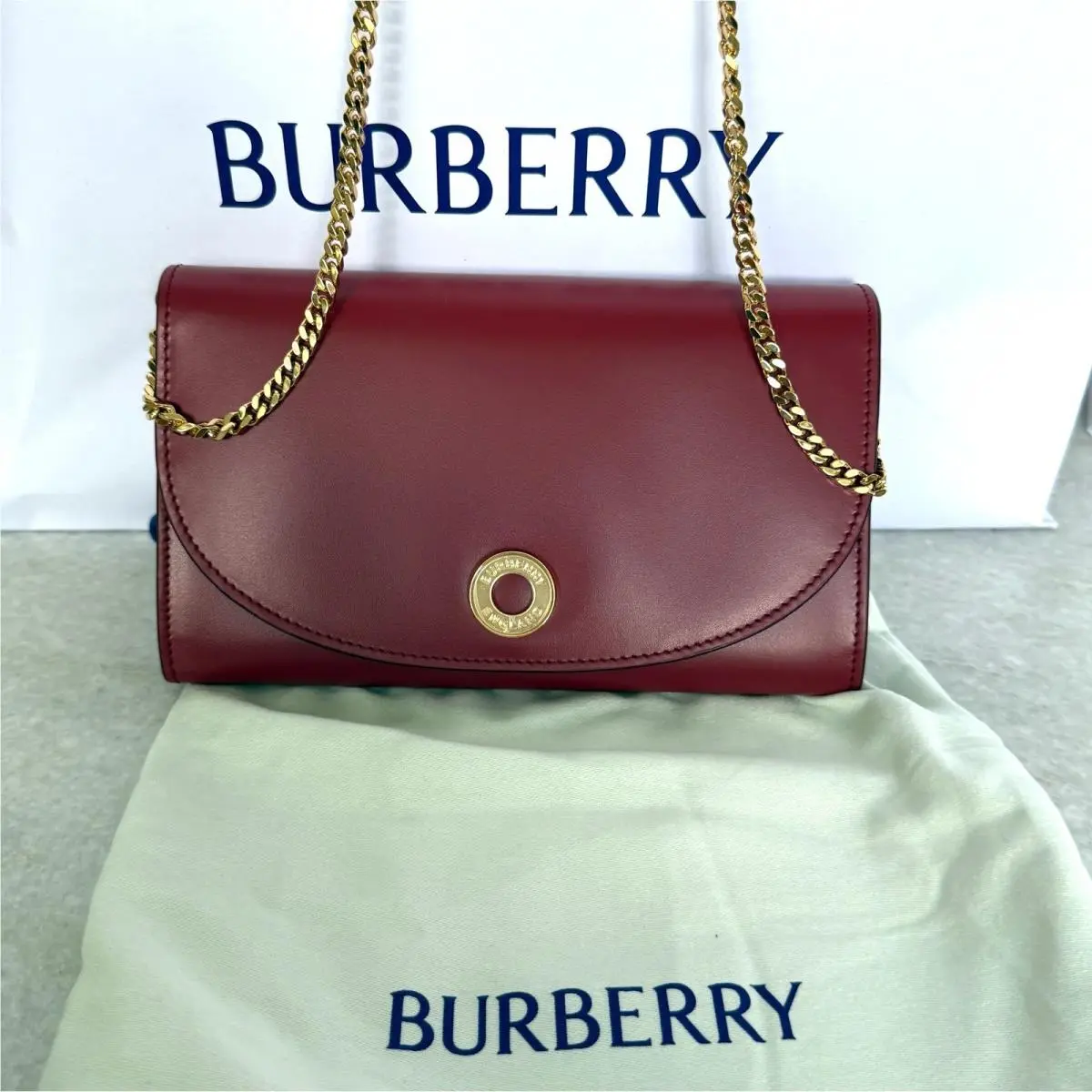 Burberry Hannah Burgundy Leather Chain Shoulder Bag Gold Hardware Logo Flap