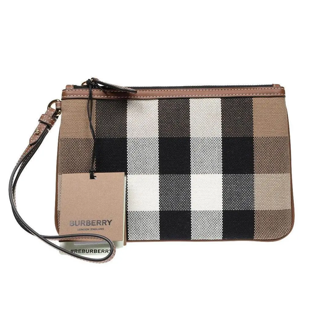 Burberry Taupe Brown Check Canvas Cotton Wristlet Pouch Bag