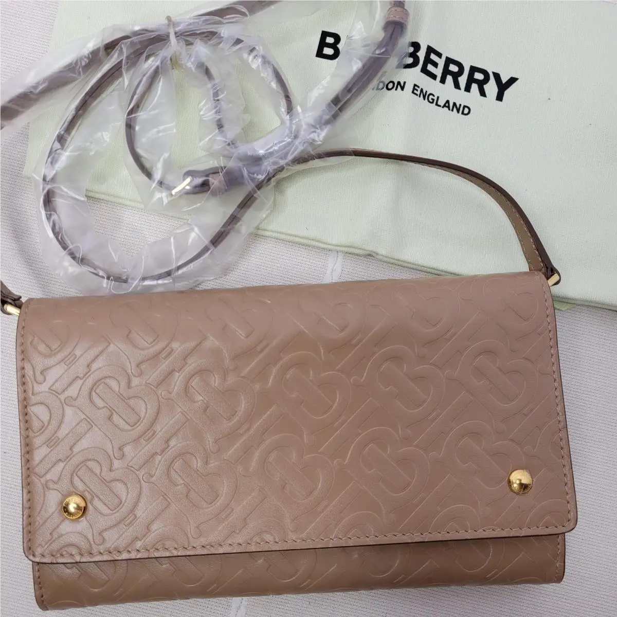 Burberry Handbag Hazelmere Light Camel TB Monogram Embossed Leather Crossbody