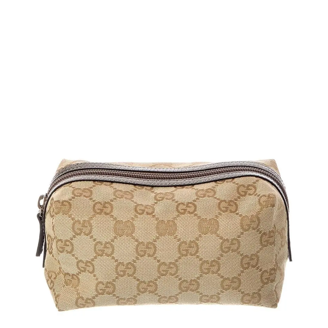 Gucci Brown Canvas Leather Pouch Pre-loved Women`s