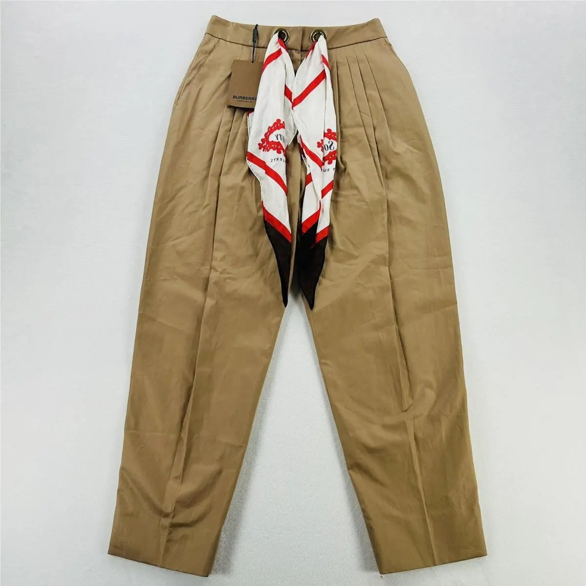 Paperbag Pants Womens 8 Beige Pleated Twill Belted Scarf Made Italy by Burberry