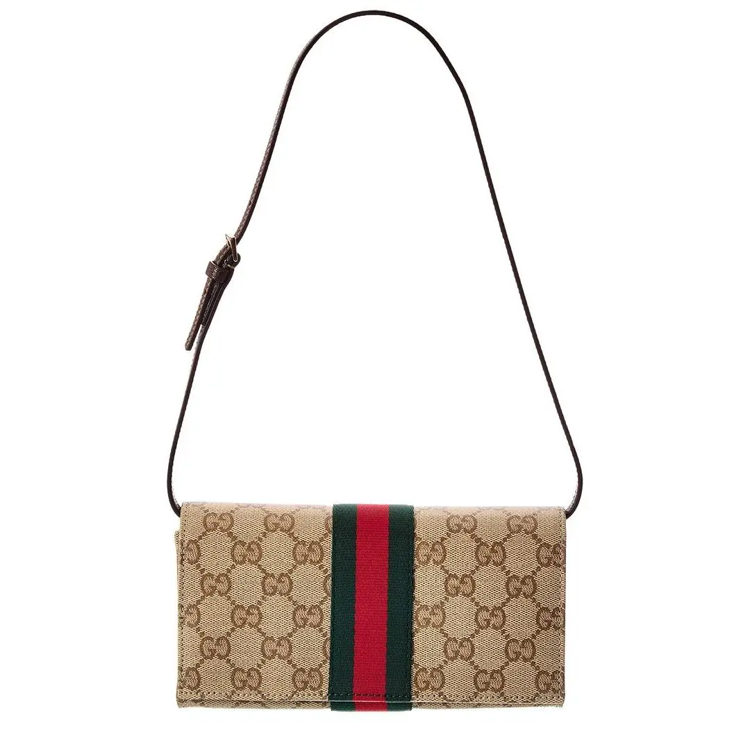 Gucci Small Gg Coated Canvas Leather Pouch with Strap Women`s Brown