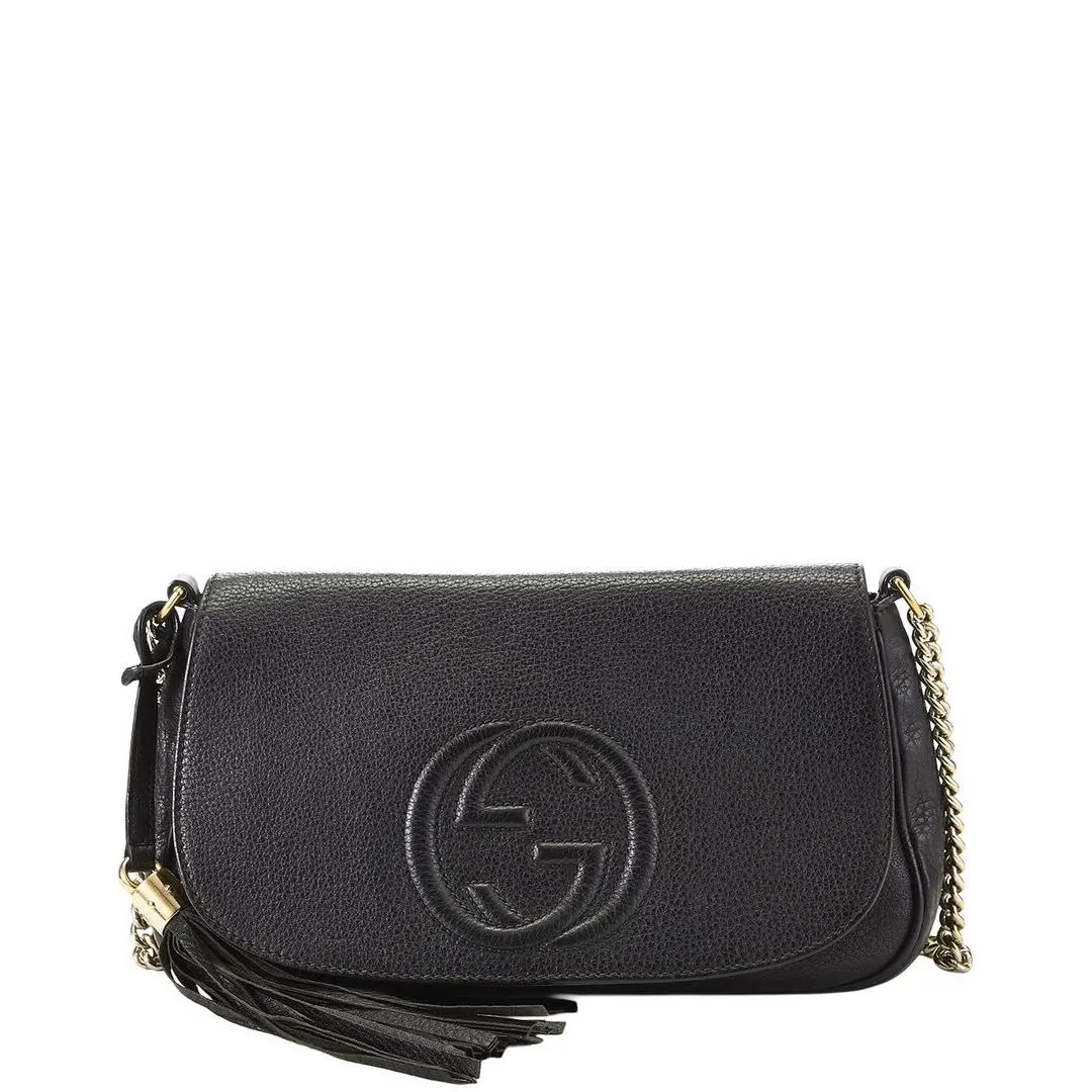 Gucci Black Leather Soho Chain Flap Crossbody Pre-loved Women`s