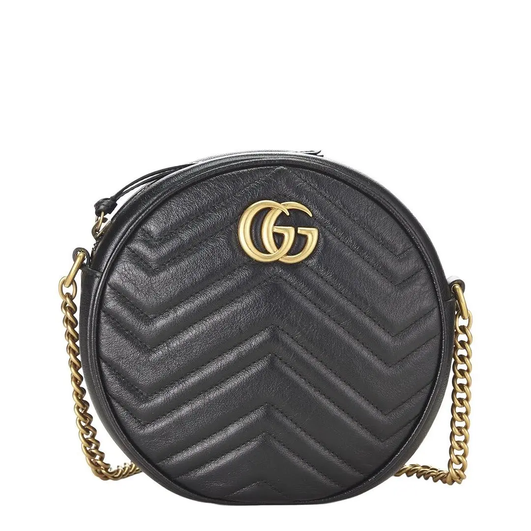 Black Leather Gg Marmont Round Shoulder Bag Mini Pre-loved by Gucci