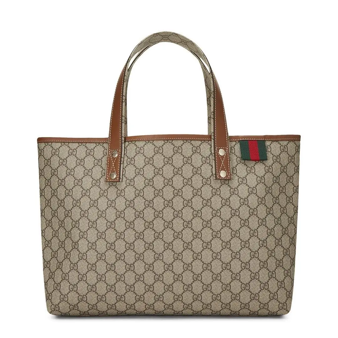 Gucci Brown Coated Canvas Leather Web Loop Tote Pre-loved Women`s