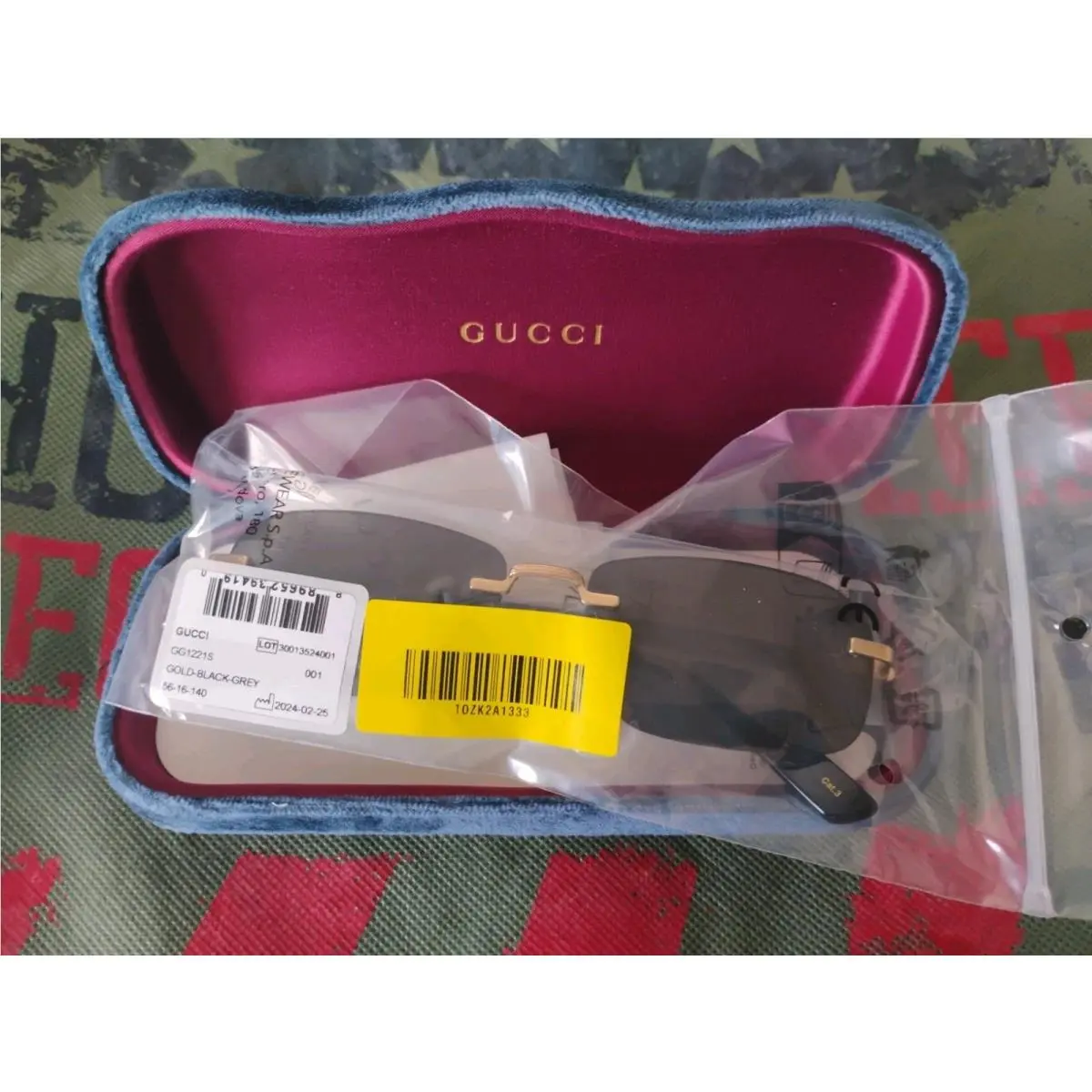 GG1221S 001 Gold-black/grey Rectangular Narrow Rimless Men`s Sunglasses by Gucci