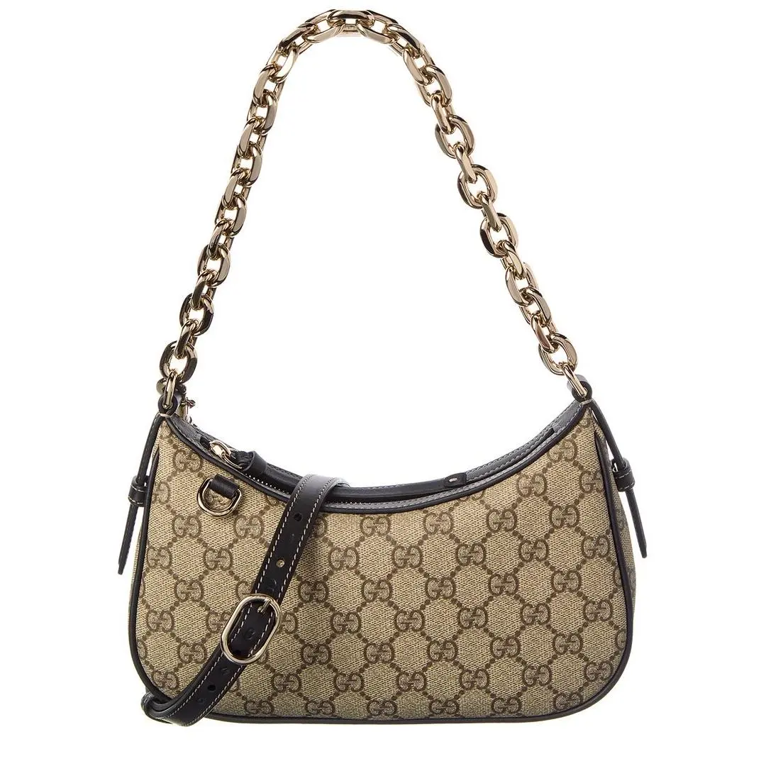 Gucci Gg Emblem Small Gg Supreme Canvas Leather Shoulder Bag Women`s Beige