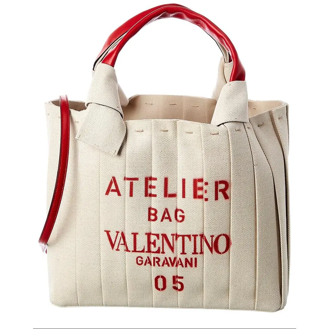Valentino Atelier 05 Plisse Edition Medium Canvas Leather Tote Women`s Beige