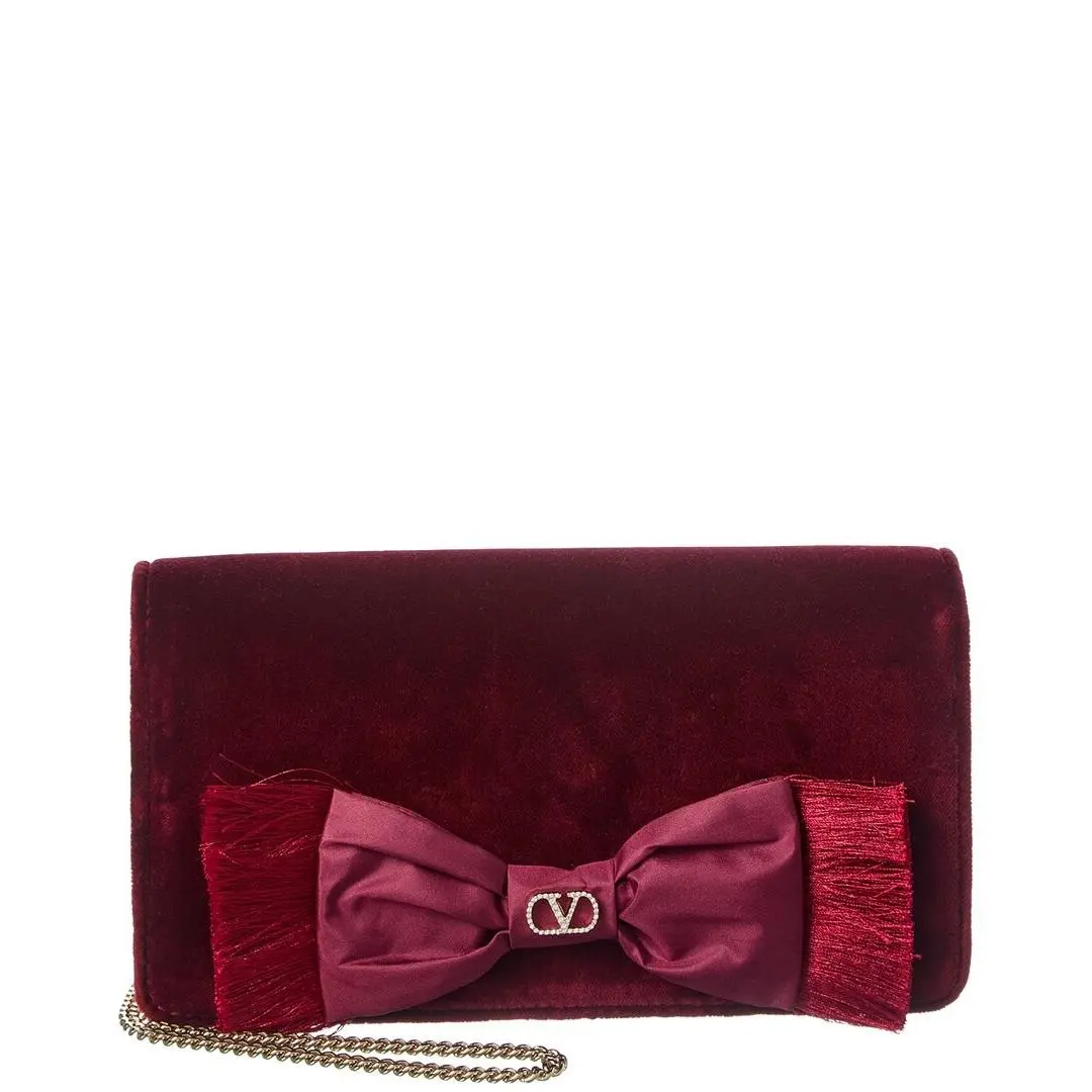 Valentino Vlogo Signature Mini Velvet Wallet On Chain Women`s Red