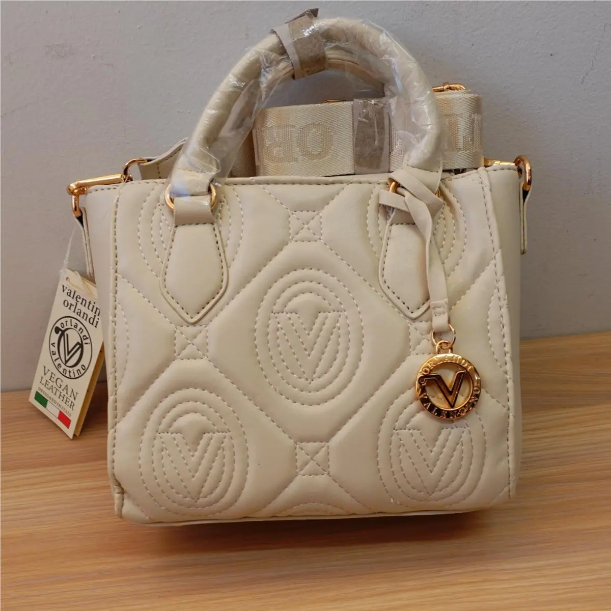 Italian Valentino Orlandi Tote Bag Womens Bone Quilted Logo Crossbody Vegan