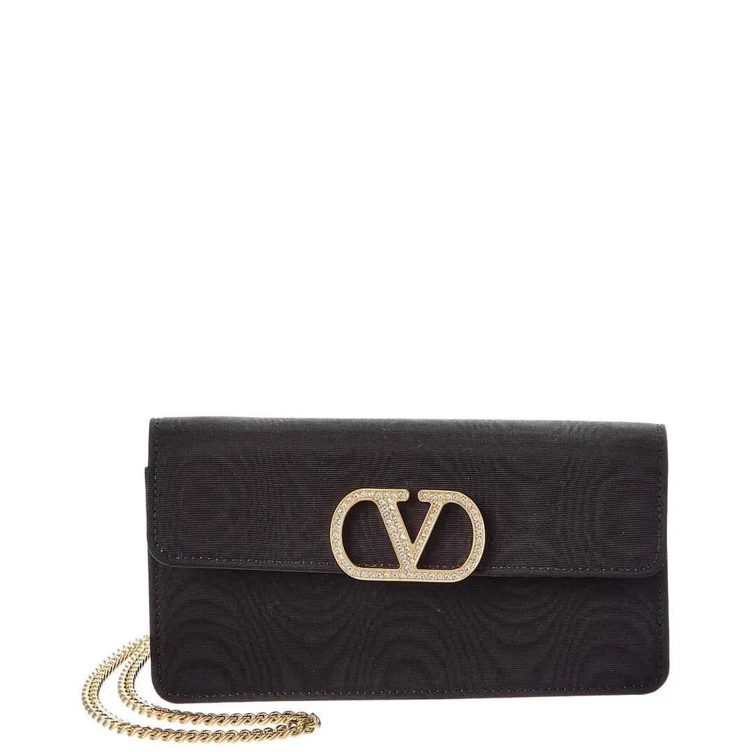 Valentino Vlogo Signature Grosgrain Wallet On Chain Women`s Black