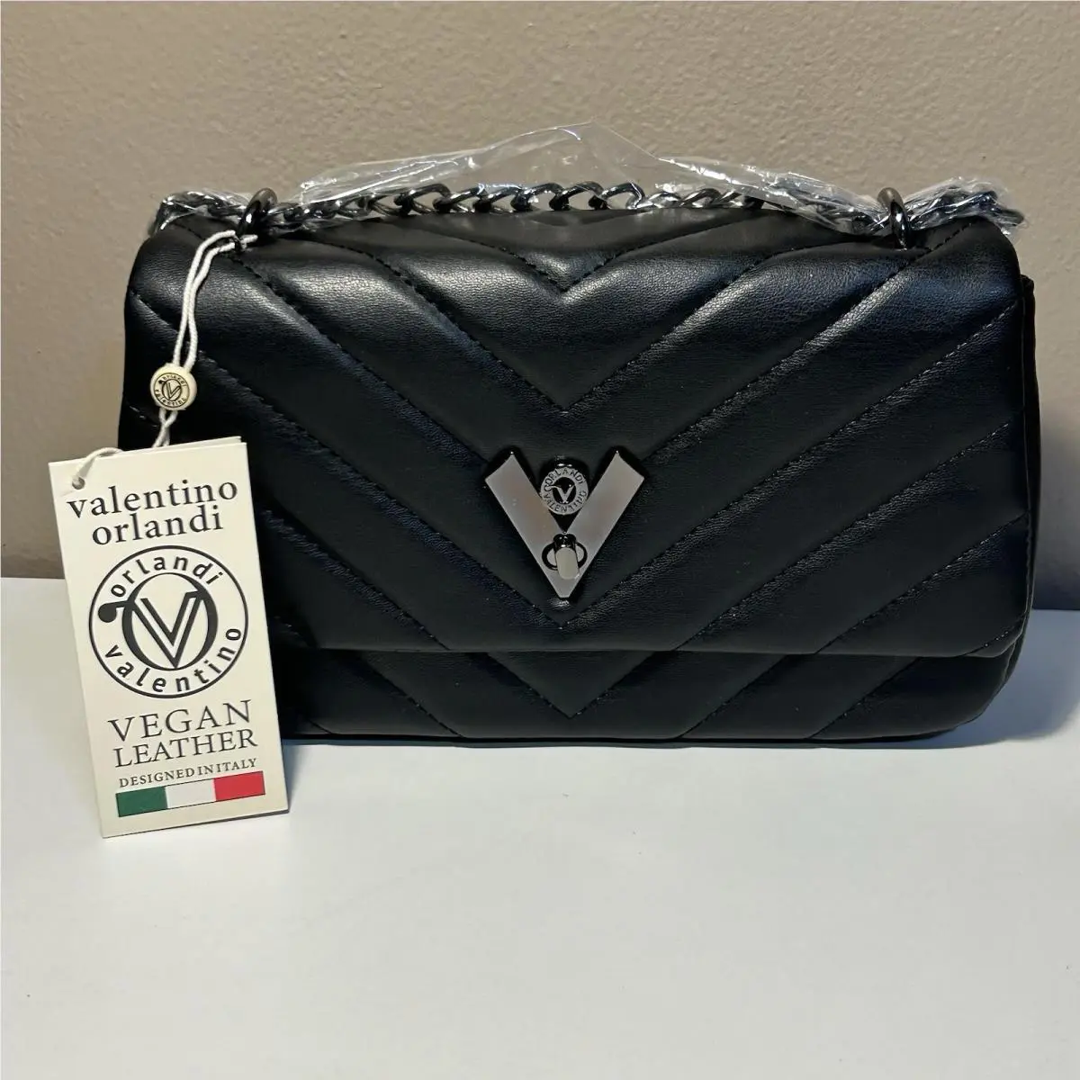 Valentino Orlandi Quilted Crossbody Bag Black Vegan Leather Gunmetal Strap
