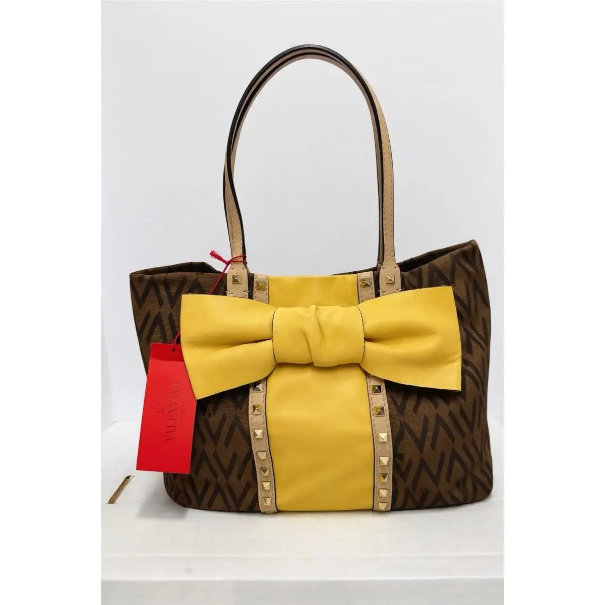 Valentino Garavani Rockstud Bow Tote V Logo Canvas Yellow Leather Rare